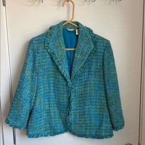 Vintage Laura Ashley Turquoise Blue-Green Tweed Fringe Jacket